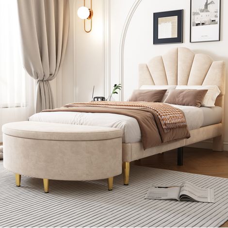 Cama tapizada elegante 90x200 cm de terciopelo beige, cabecero concha regulable, somier de láminas, patas doradas (1/5)