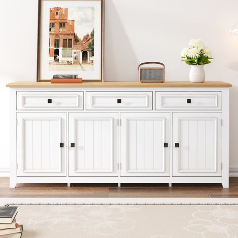 Buffet Bas de Cuisine et Salon 160cm - Meuble de Rangement et Bois avec 4 Portes Moulurées, 3 Tiroirs et Étagères Réglables, Style Scandinave Chic - 160x35x76cm - Blanc (1/5)