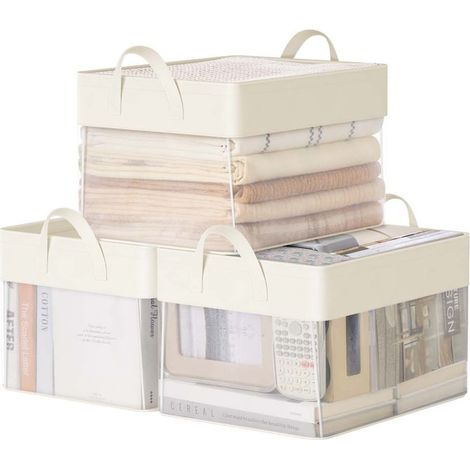 Boîtes de rangement lot de 3 petit panier de rangement en tissu pliable filet de nylon transparent 30 x 20 x 15 cm poignées pour salle de bain cuisine couleur crème