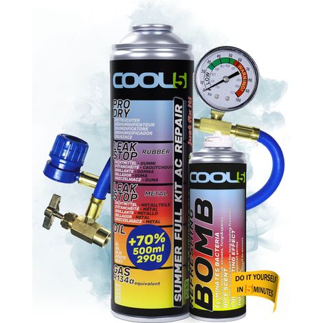 COOL5 5in1 – Klimaanlagen-Reparaturset, Kältemittelwechsel (R134a) für Pkw-Klimaanlagen (Baujahre 1995–2016) + Druckschlauch mit Manometer + Kältespray + 500 ml Allzweckreiniger