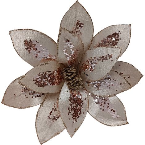 Fiore decorativo natalizio effetto paillettes con stelo per alberi e ghirlande h 27 cm