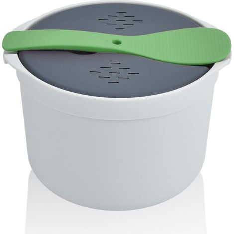 Cuiseur à Riz Micro Ondes, 2L Microwave Rice Cooker PP Autocuiseur Vert  Alimentaire Cuillère Couvercle Passoire Antiadhésif Pot Vapeur Cuire Pâtes Conserver Céréales Couscous Légumes Légumineuses (1/5)