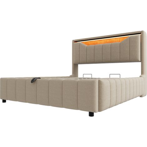 Polsterbett 140x200 cm beige mit hydraulischem Bettkasten, LED, USB und USB-C (1/5)