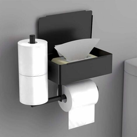 Black Toilet Paper Holder Wall Mounted Stainless Steel Toilet Paper Holder without Drilling with 2 Roll Holders and Wet Wipe Box (1/4)