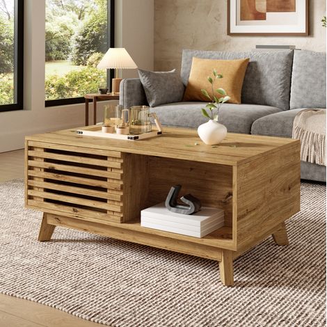 Table basse relevable style rétro, porte jalousie coulissante, MDF, finition bois naturel (1/5)