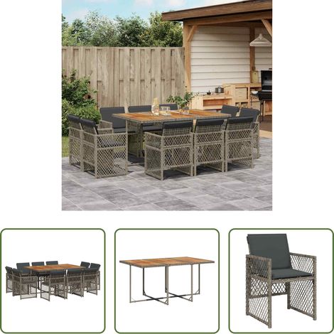 vidaXL Gartenmöbel - 11-tlg. Garten-Essgruppe mit Kissen Grau Poly Rattan (1/5)