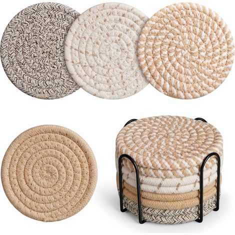 Set di 8 sottobicchieri in cotone intrecciato serie albicocca con supporto e tovaglietta assorbente (1/5)