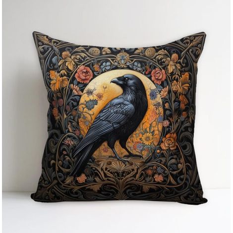 Funda de almohada de ante estampada con un misterioso cuervo retro, 45 x 45 cm, negra, para cama, sofá o salón.