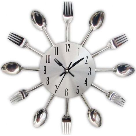 Mirror Effect Kitchen Clock with Spoon Fork Removable 3D Sticker Home Decoration Metallic Silver (1/4)