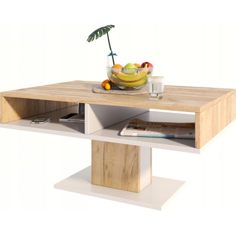 Table basse INES artisanale en chêne et blanc scandinave PER (1/5)