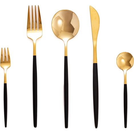 Set de couverts or et noir Ensemble de table acier inox 30 pièces ménagère avec cuillère couteaux fourchette (1/5)