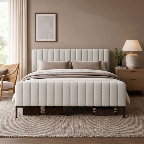 Doppelbett 180x200 cm Grau-Beige aus Leinen mit verstellbarem Kopfteil und Lattenrost (1/5)