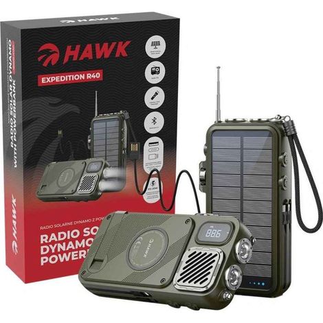 Radio Hawk HWRDI440GN à dynamo solaire avec batterie externe, noire (1/2)