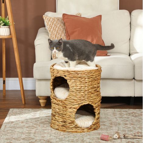 Kratzsäule für Katzen 40x50 cm aus brauner Wasserhyazinthe, 2 Nischen mit abnehmbaren Kissen (1/5)