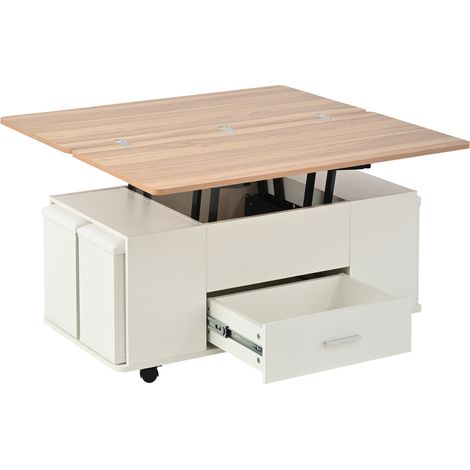 Mesa de centro elevable multifunción con 4 taburetes, blanco efecto madera, 100 x 50 x 45 cm (1/5)