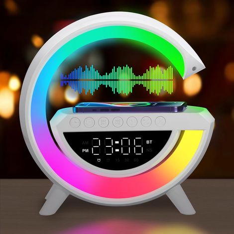 Bluetooth-Lautsprecher-Nachtlicht, kabellose Lade-Nachttischlampe mit einstellbarer Helligkeit in verschiedenen Farben, Wecker, kabelloser Lautsprecher mit Lichtstecker und Musiksynchronisation.