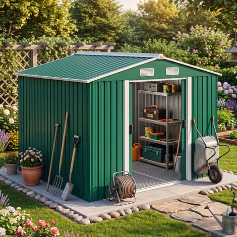 GARDEBRUK® Cobertizo Jardín Exterior 5m² con Fundamento Caseta Metálica Base XXL Puerta Corredera Herramientas Almacenamiento 260x205x180cm (1/5)