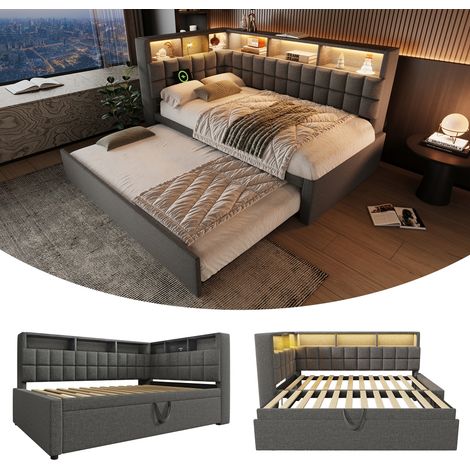 Polsterbett 90x200 cm mit Ausziehbett und Stauraum, Gästebett mit LED-Beleuchtung, USB-Anschluss & Bluetooth-Lautsprecher, Leinen Grau (1/5)