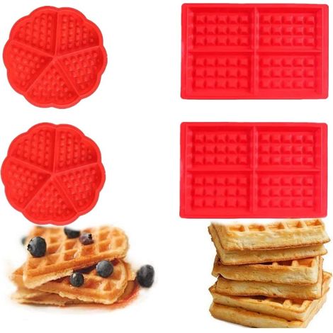 Lot de 4 Moules en Silicone - Gaufres, Gâteau, Glaçons, Chocolat, Bonbons - Rouge - Cœur et Rectangulaire (1/5)