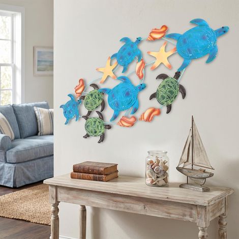 Coastal Metal Sea Turtle Wall Art 3D Nautical Theme Wall Art Decor, 12151cm Hand Painted Hanging Wall Decoration, Scandinavian Modern Wall Sculpture, for Bedroom Living Room Outdoor Decor