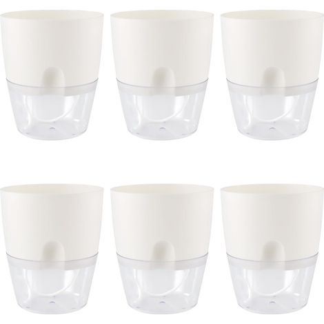 Pots à réserve d'eau, blancs, 15 cm, pot à herbes aromatiques avec réservoir d'eau, pot à fleurs à réserve d'eau avec système d'irrigation pour plantes d'intérieur, lot de 6 (1/5)