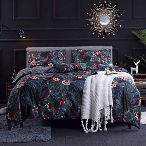 Housse de Couette 200x200 Bleu Nuit - Parure de Lit Motif Fleurie Rose avec Fermeture Éclair - Linge de Lit Réversible 2 Personnes Adulte avec 2 Taies d'oreiller 50x75 cm (1/4)