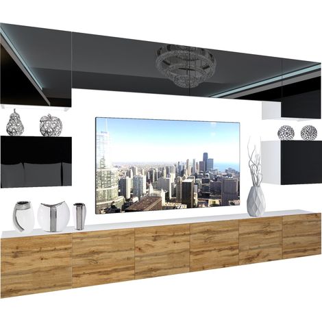 BELINI - Unité Murale TV NEX I Ensemble Muebles de Salon Complet I Ensemble Meuble TV avec Illumination LED I Dimensions: 300 x 180 x 36 cm I Coleur: Noir très Brillant/chêne wotan 1