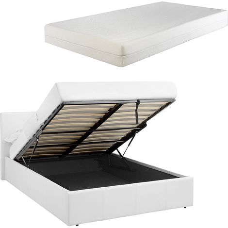LUNA 4FT6 Double White Ottoman Storage Bed with Gas Lift & 15cm Thick Memory Foam Mattress