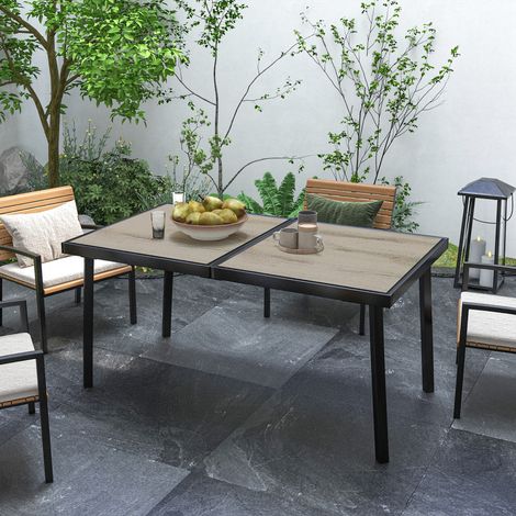 Rechteckiger Gartentisch für 6 Personen mit Tischplatte in Holzoptik, aus Stahl und PSPC, 145 x 85 x 72 cm, Grau