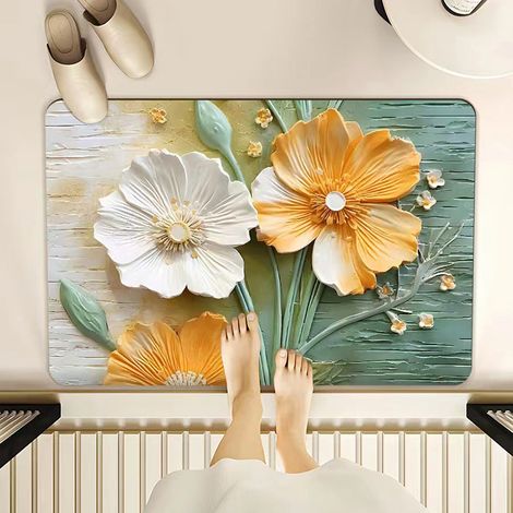 Tapis de bain absorbant en diatomite – Tapis antidérapant et résistant à la saleté pour salle de bain et entrée, motif chrysanthème blanc élégant (40 x 60 cm)-lsw