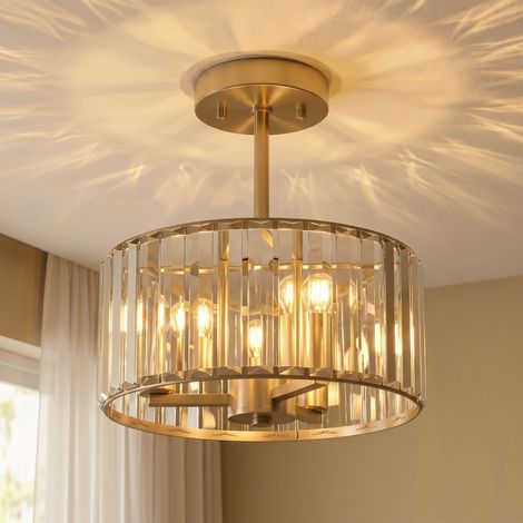 HOMCOM Semi Flush Mount Modern Crystal Chandelier Ceiling Light, Gold Tone (1/5)