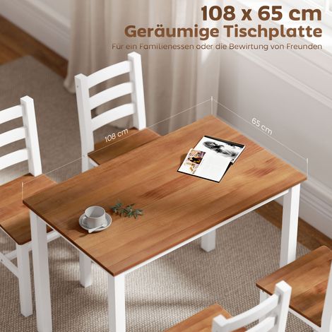 Ensemble salle à manger table ronde + 4 chaises en pin massif marron et blanc (1/4)