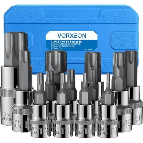 Torx Socket for Flat Eye Key T8-T70 Case with Drive 1/4 Inch 3/8 Inch 1/2 Inch Star Bit for Automotive (1/5)