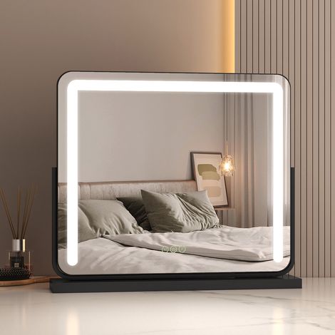 EMKE Hollywood LED Makeup Mirror 360° Rotation Tabletop Vanity Mirror with Touch 3 Color Lighting Modes, Dimmable Cosmetic Mirror, Balck 60x52cm (1/5)