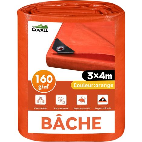 3m x 4m Bâche Imperméable Épaisse 160g/m² Anti-UV Résistante Bâche Plastique de Protection Extérieur Jardin Bois Extérieur Anti-Pluie Toiture Camping Camion (Orange Vif) (1/5)