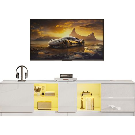 Meuble TV LED blanc 160 x 40 x 52 cm en MDF, avec 2 tiroirs, 1 niche vitrée et finition laquée brillante, pour écran jusqu’à 65 pouces - CHICFURN (1/5)
