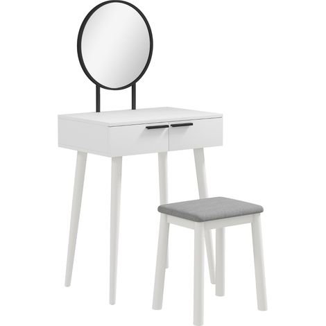 Dressing Table with Mirror and Stool, Vanity Makeup Desk Set with 2 Drawers, Cushioned Stool and Make-up Organiser for Bedroom and Dressing Room, 60 x 40 x 123 cm, White