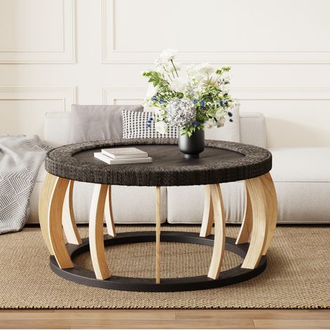 Couchtisch rund 90x90 cm aus Holz mit Rattan Black Brown OKMYHOME (1/5)