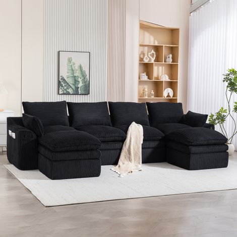 Sofá modular de 4 plazas (335x167x85 cm), con 2 pufs, bolsillos laterales, tejido de pana negra (1/5)