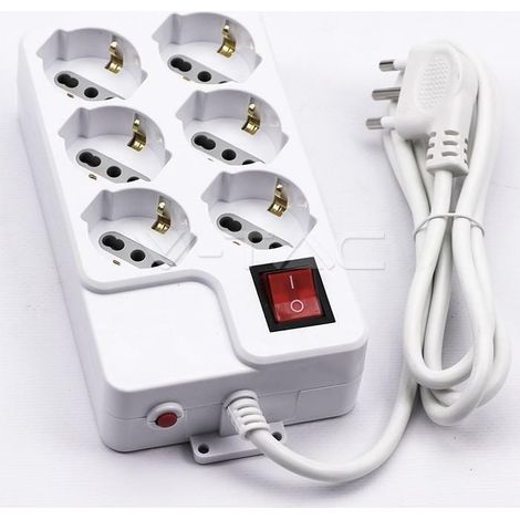 Regleta V-TAC con cable de 1,5 m, 6 tomas de corriente 10/16 A, doble paso + Schuko con interruptor iluminado, enchufe de 16 A, color blanco