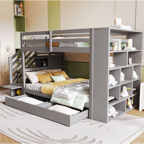 Cama litera 90x200 cm de madera gris con escalera de almacenaje, cajones y armarios integrados (1/5)