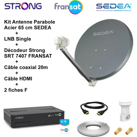 Antenne parabolique acier 65 cm – LNB Single Full HD 4K – Décodeur SRT 7407 Fransat – Câble coaxial 20m et HDMI inclus (1/5)