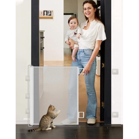 Barrière de Sécurité Chien Enfant Rétractable Extensible (110cm Blanc) Sans Perçage, Pour Escaliers Portes Couloirs, Intérieur Extérieur, Hauteur Ajustable (1/5)