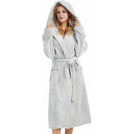 Warmer Damen-Bademantel mit Kapuze, weicher Fleece-Bademantel, langer, flauschiger Bademantel, Steppjacke für Entspannung und Spa, Einheitsgröße (1/2)
