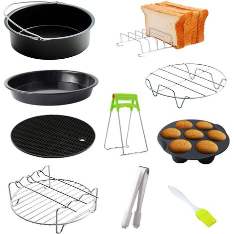 Ensemble de 10 accessoires pour friteuses à air chaud : friteuse, plaque de cuisson, grille, plaque à pizza, casserole, support métallique, porte-pain, porte-gobelet