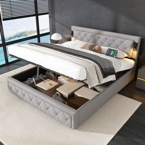 Letto imbottito 180x200 cm grigio in lino con luci laterali, USB, rete a doghe e contenitore (1/5)