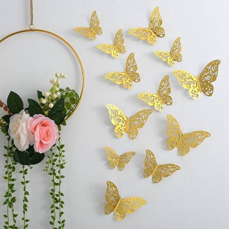 72 pièces. Couleurs : Or + Or rose + Argent. Matière : Stickers muraux papillons 3D en papier ajouré.