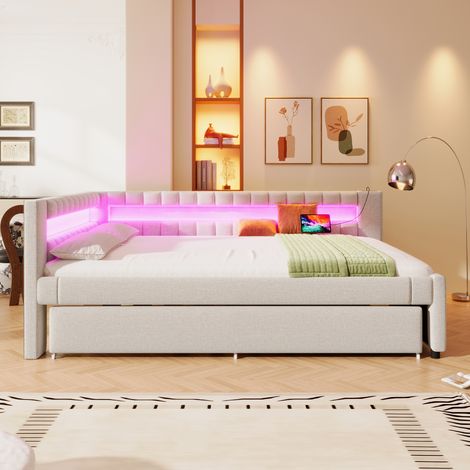 Canapé-lit jour 140x200 cm, banquette convertible avec rangement, sommier à lattes, têtière LED télécommande, USB+Type-C, lin beige, sans matelas (1/5)