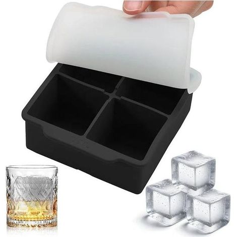 Silikon-Eiswürfelform mit 4 Fächern und Deckel, geeignet für Cocktails, Whisky und andere Getränke, 1 Stück, schwarz (1/4)