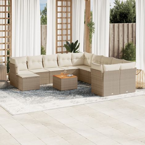 Canapé d'angle et central + table de jardin 12 places en résine tressée beige avec coussins blanc crème, bois d'acacia, meuble modulaire extérieur (1/3)